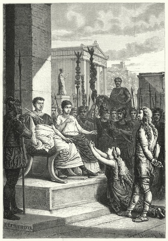 Cativos germânicos perante o Imperador Romano (gravura) de German School