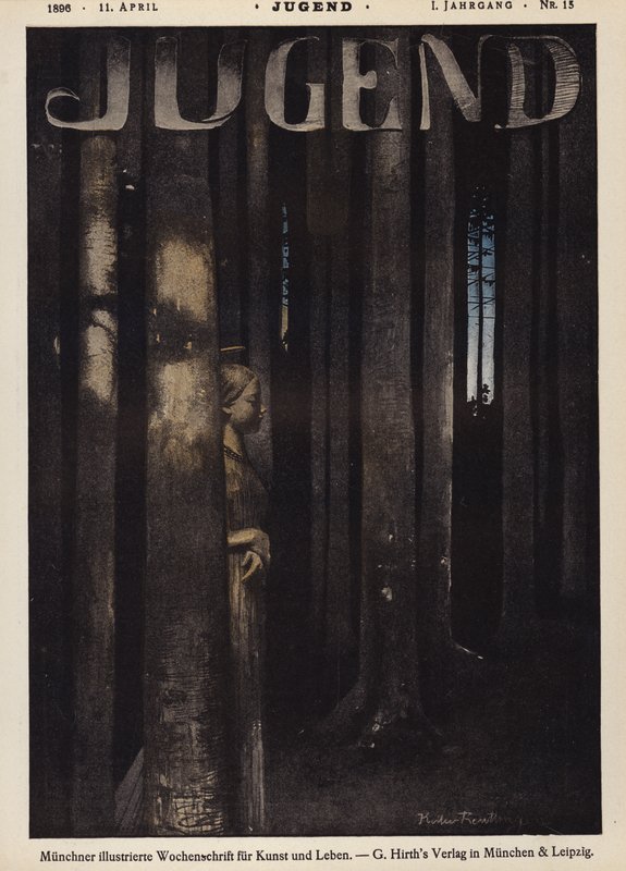 Rapariga a caminhar numa floresta à noite (cor litho) de German School