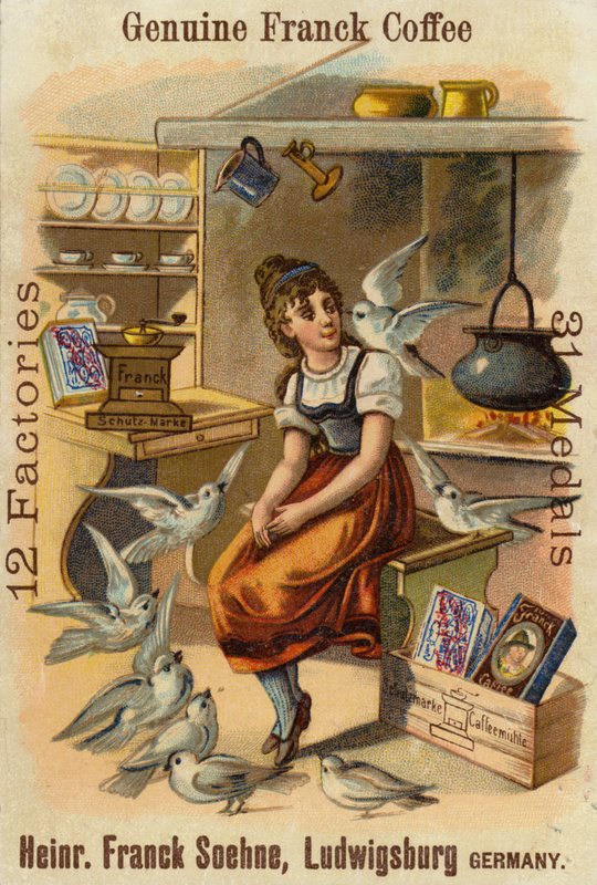 Menina com pombas, anunciando o café genuíno de Franck de German School