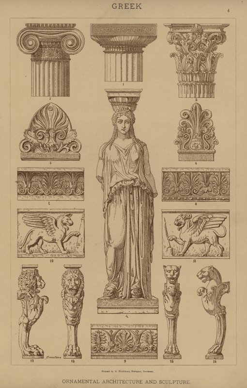 Grego, Arquitetura Ornamental e Escultura (cor litho) de German School
