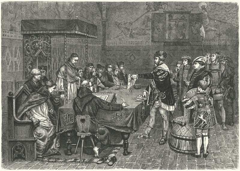 Gustav I Vasa, Rei da Suécia, confrontando Peter Sunnanvader, Bispo de Vasteras de German School