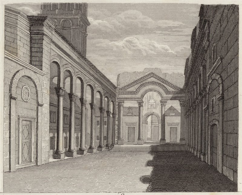 Salão do Palácio do Imperador Romano Diocleciano, Spalato (Split, Croácia). Ilustração para Bilder-Atlas (gravura) de German School