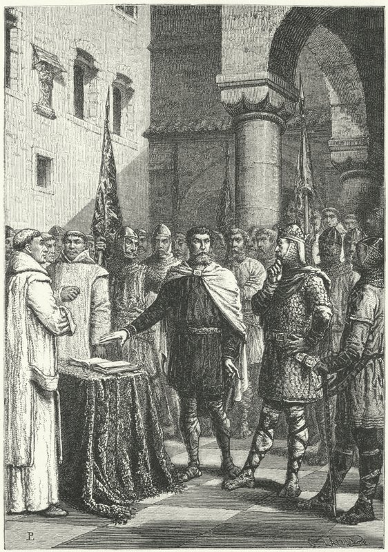 Harold Godwinson fazendo um juramento prometendo apoiar a reivindicação de Guilherme da Normandia ao trono inglês de German School