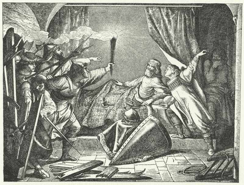 Hartmann de Siebenich disfarçado de Frederick Barbarossa para permitir que o Imperador escape de Susa, Itália de German School