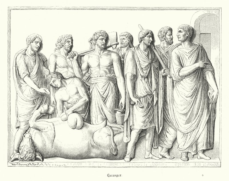Haruspex estudando as entranhas de um animal sacrificado na Roma antiga (gravura) de German School