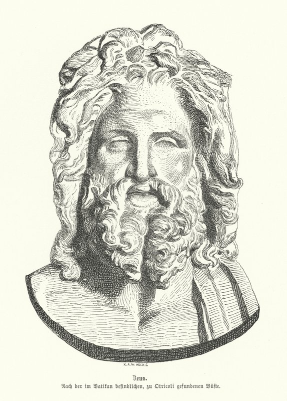 Cabeça de Zeus, deus grego antigo (gravura) de German School