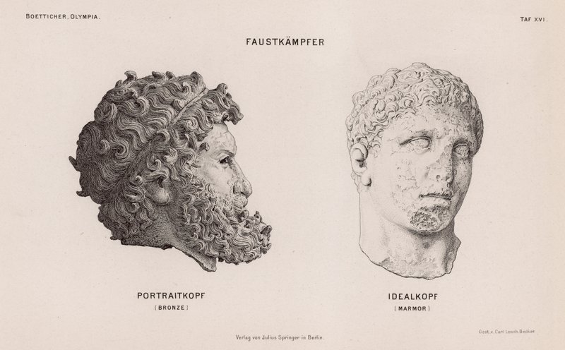 Cabeças de estátuas de boxeadores escavadas em Olympia, Grécia (gravura) de German School