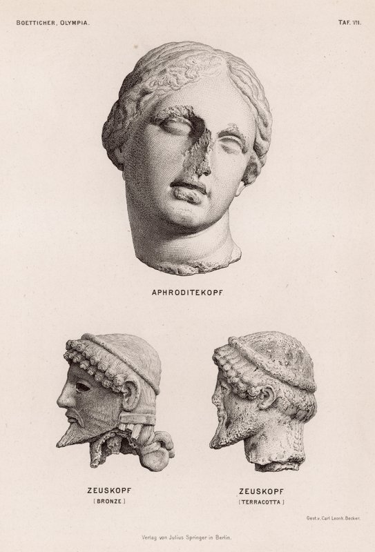 Cabeças de Afrodite e Zeus de Olympia, Grécia (gravura) de German School