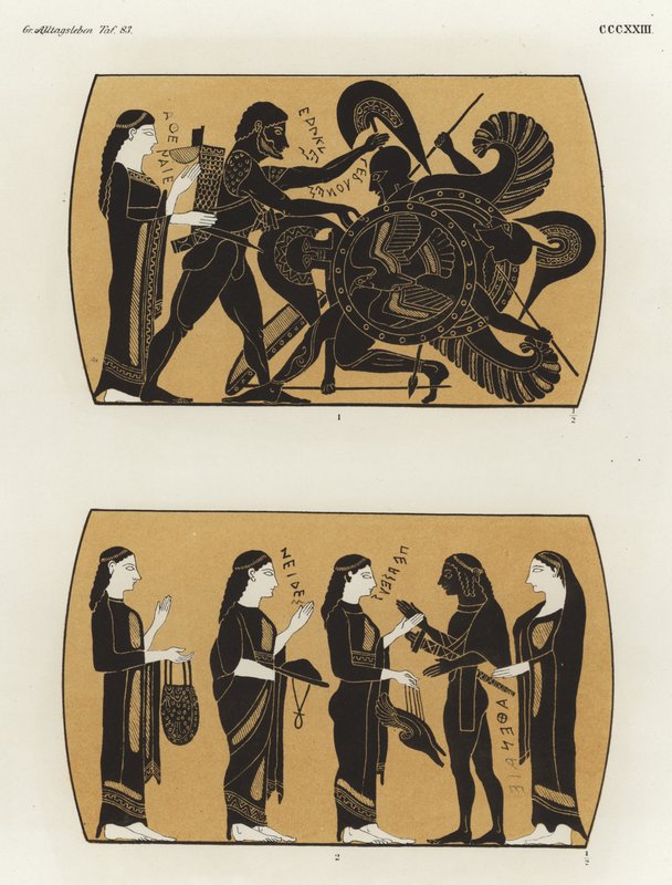 Hércules lutando contra Geryon e Perseu recebendo presentes para derrotar a Medusa de German School