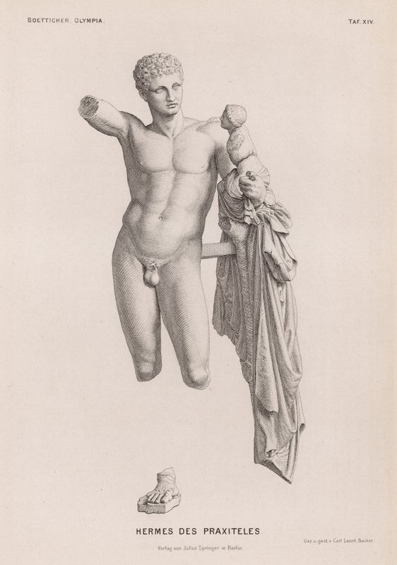 Hermes e o Menino Dionísio, escultura atribuída a Praxiteles escavada em Olympia, Grécia (gravura) de German School