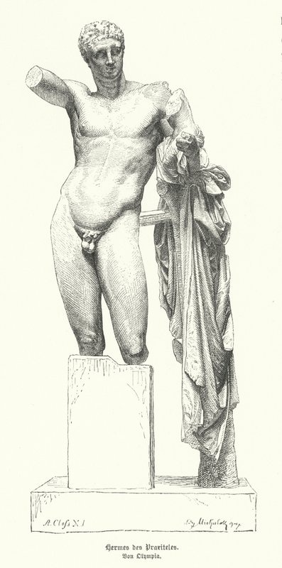 Hermes e o Menino Dionísio, estátua do escultor grego antigo Praxiteles descoberta nas ruínas do Templo de Hera, Olímpia (gravura) de German School