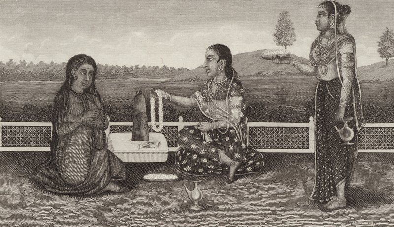 Veneração hinduísta dos mortos, Índia. Ilustração para Bilder-Atlas (gravura) de German School
