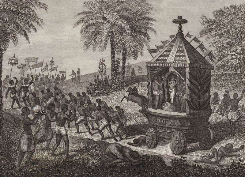 Adoradores hindus puxando um carro de Juggernaut na Índia Antiga. Ilustração para Bilder-Atlas (gravura) de German School