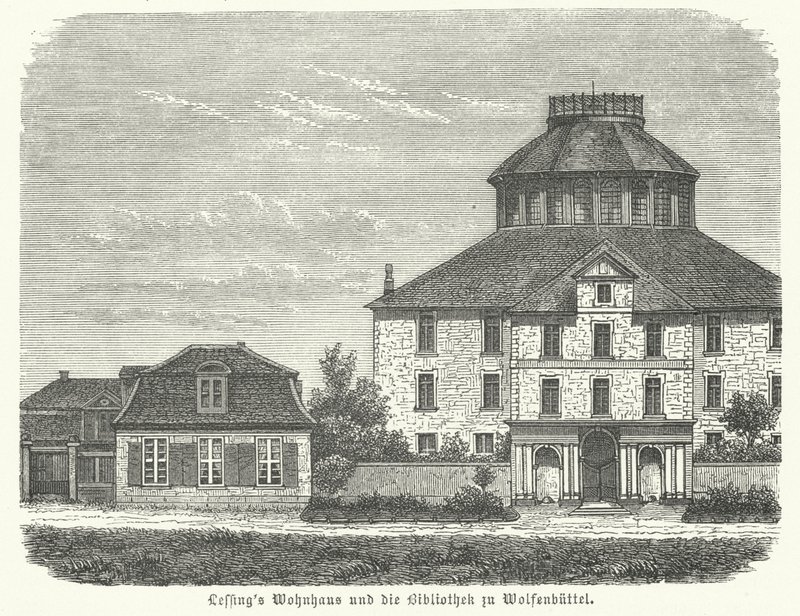 Casa do filósofo e dramaturgo alemão Gotthold Ephraim Lessing e a biblioteca em Wolfenbuettel (gravura) de German School