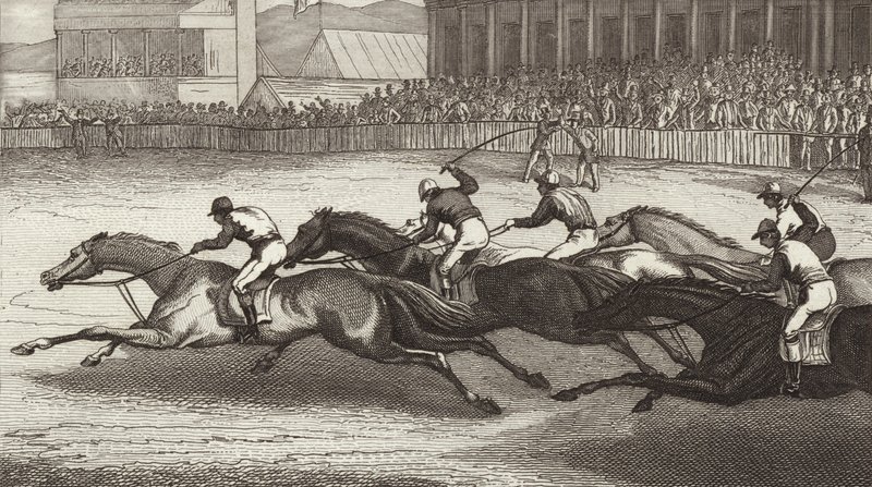 Corridas de cavalos na Inglaterra. Ilustração para Bilder-Atlas (gravura) de German School