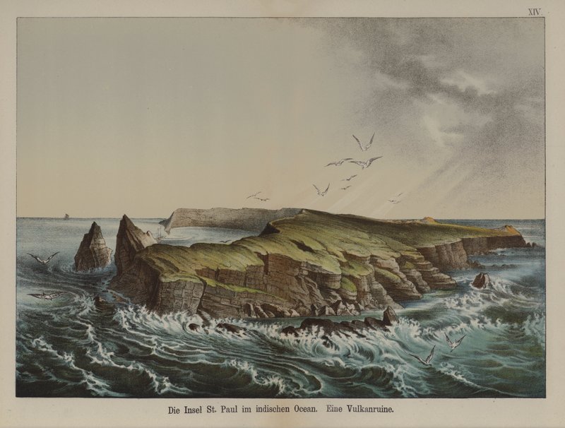 Ile Saint-Paul, ilha vulcânica no Oceano Índico (cor litho) de German School