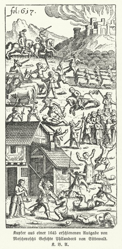 Ilustração de uma edição de 1645 do escritor alemão Johann Michael Moscherosch, obra satírica Wunderliche und Wahrhafftige Gesichte Philanders von Sittewald (Wondrous and True Visions of Philander von Sittewald) (litho) de German School