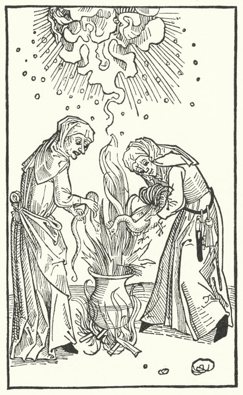 Ilustração de um tratado de Ulrich Molitor sobre mulheres adivinhas e bruxaria (gravura) de German School
