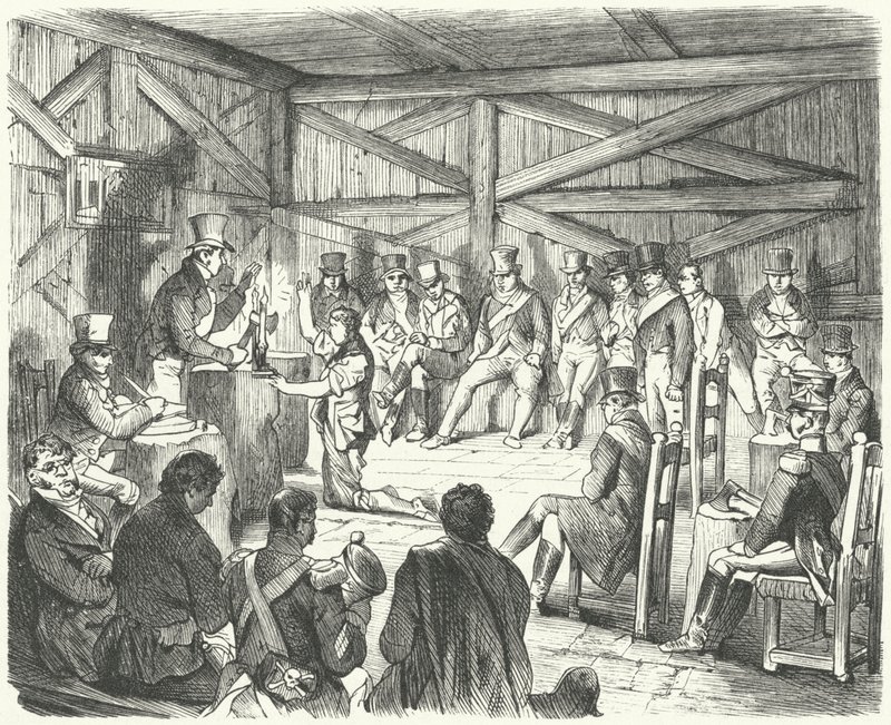 Iniciação de um novo membro num grupo da Carbonari, rede de sociedades secretas revolucionárias na Itália de German School