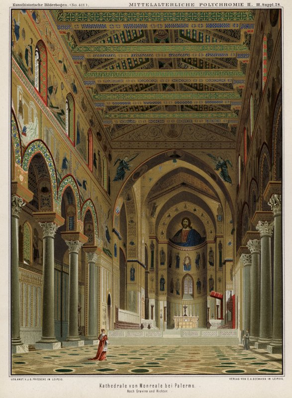 Interior da Catedral de Monreale, Palermo, Sicília, Itália (cor lito) de German School