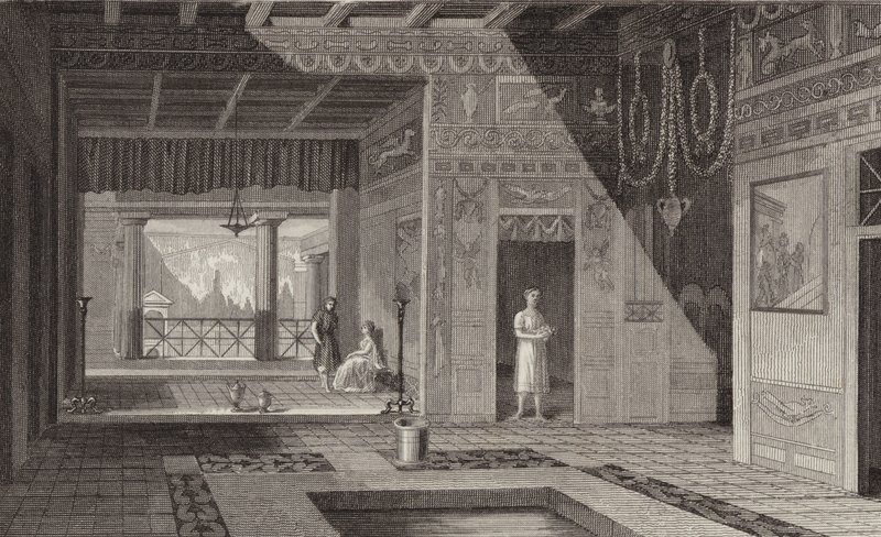 Interior de uma casa romana em Pompeia. Ilustração para Bilder-Atlas (gravura) de German School