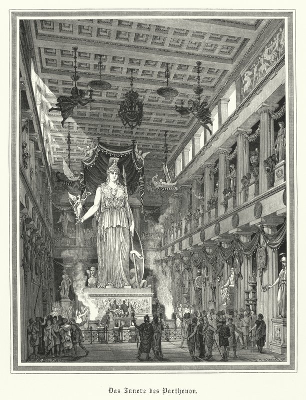 Interior do Partenon, Atenas, com a estátua colossal da deusa grega Atena (gravura) de German School