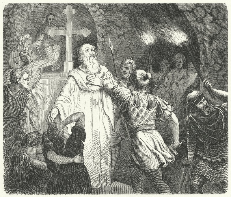 Interrupção de um serviço cristão nas catacumbas romanas (gravura) de German School