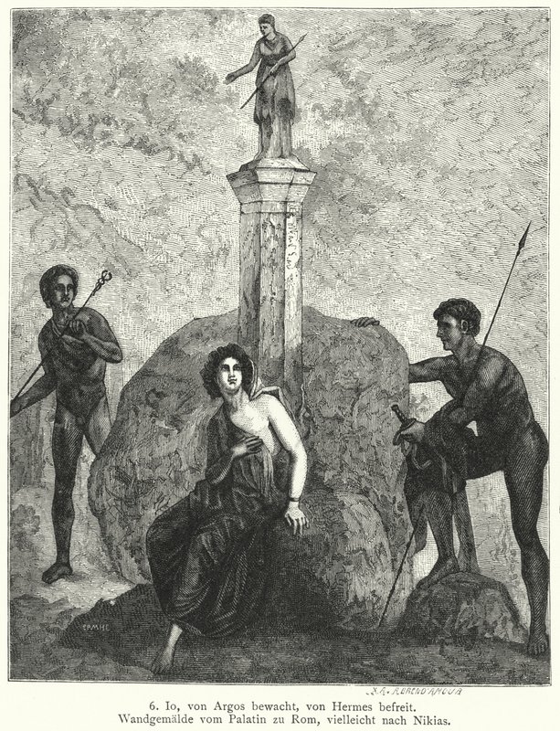 Io, guardada por Argus Panoptes por ordem da deusa Hera, sendo vigiada por Hermes, enviada por Zeus para a raptar, pintura mural romana (gravura) de German School