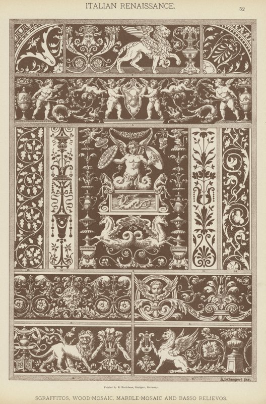 Renascença Italiana, Esgrafitos, Madeira-Mosaico, Mármore-Mosaico e Basso Relievos (cor litho) de German School