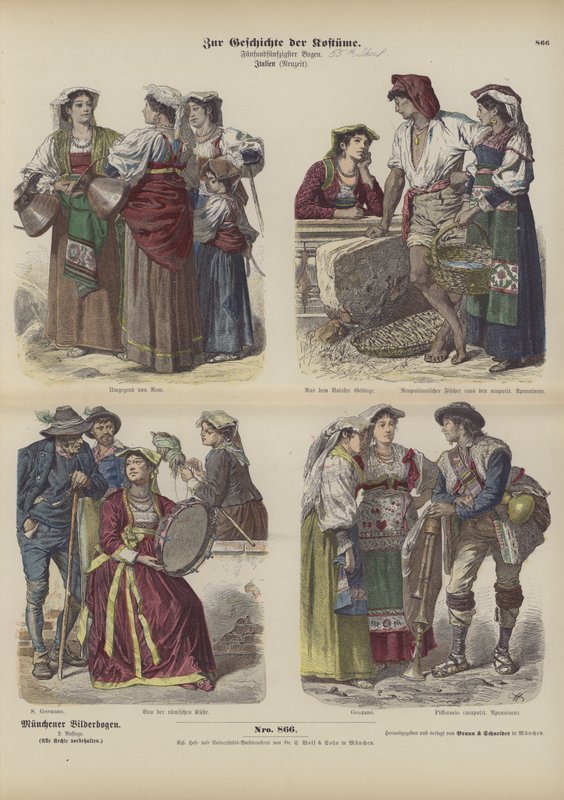 Roupas italianas, finais do século XIX (gravura colorida) de German School