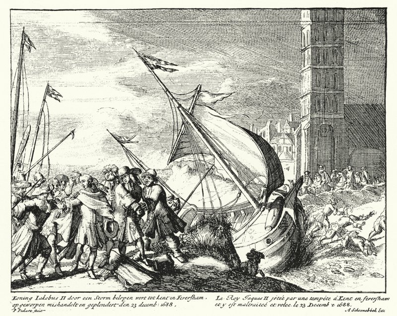 James II da Inglaterra capturado por pescadores em Faversham, Kent, whilw tentando fugir para França de German School