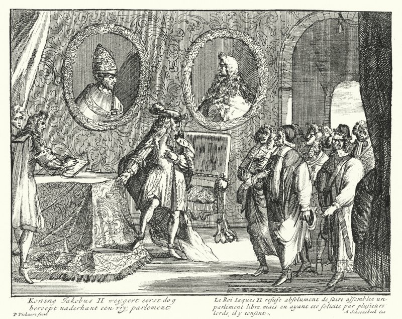 James II da Inglaterra recusa-se a permitir que o Parlamento se sente (gravura) de German School