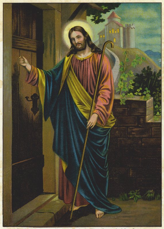 Jesus a bater à porta de uma casa (litografia a cores) de German School
