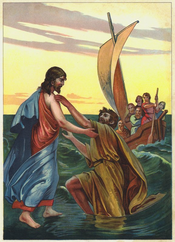 Jesus a caminhar sobre a água (litografia a cores) de German School