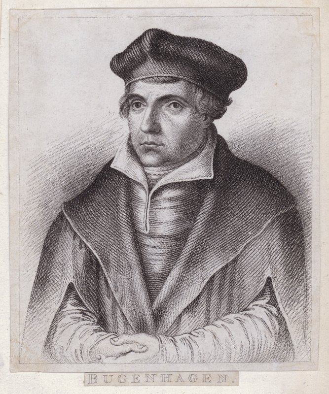 Johannes Bugenhagen (Doutor Pomeranus), sacerdote e teólogo alemão que introduz a Reforma Protestante na Pomerânia e na Dinamarca (gravura) de German School