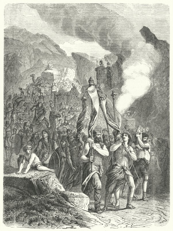 Josué liderando os israelitas na Terra Prometida (gravura) de German School