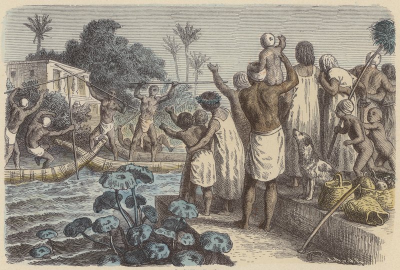 Jousting em barcos no Antigo Egipto (gravura colorida) de German School