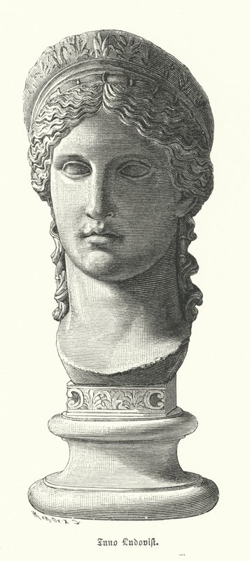 Juno Ludovisi, antiga cabeça de mármore romana colossal representando Antonina Minor, filha de Marco António e Octávia Minor, como a deusa Juno (gravura) de German School