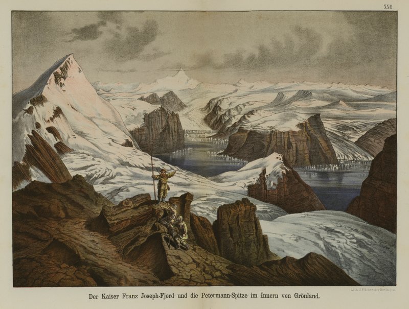 Kaiser Franz Joseph Fjord e Petermann Peak, Gronelândia (cor litho) de German School
