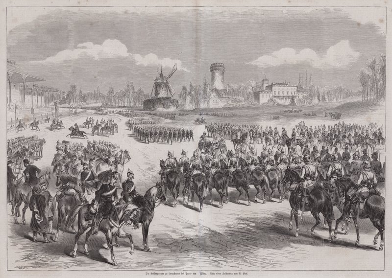 Kaiser Wilhelm I da Alemanha assistindo ao desfile do seu exército em Longchamp, Paris, França, março de 1871 (gravura) de German School
