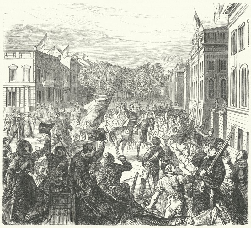 Rei Frederick William IV da Prússia passando pela Universidade de Berlim a caminho de assistir a um funeral em massa de civis mortos em tumultos, 21 de Março de 1848 (gravura) de German School