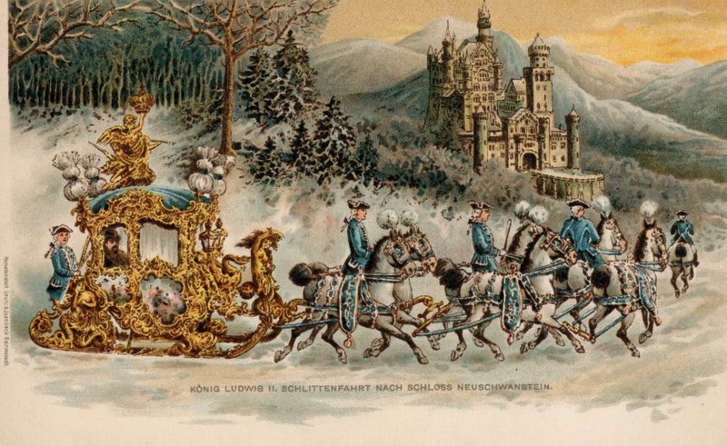 O Rei Ludwig II da Baviera a viajar para o Castelo de Neuschwanstein num trenó dourado (cromolitografia) de German School