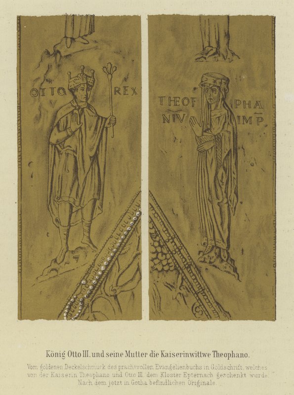 Rei Otto III e sua mãe Teofania, Imperatriz Consorte de Otto II, Santo Imperador Romano (cor litho) de German School