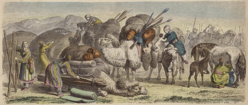Nômades Kirghiz montando seu acampamento no sul da Sibéria (gravura colorida) de German School