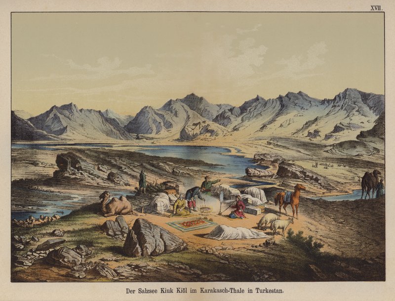 Lago salino Kiuk Kiol no Vale de Karakash, Turquestão (cor litho) de German School