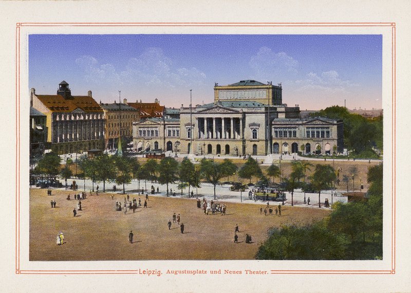 Leipzig, Augustusplatz e Neues Theater (litografia a cores) de German School