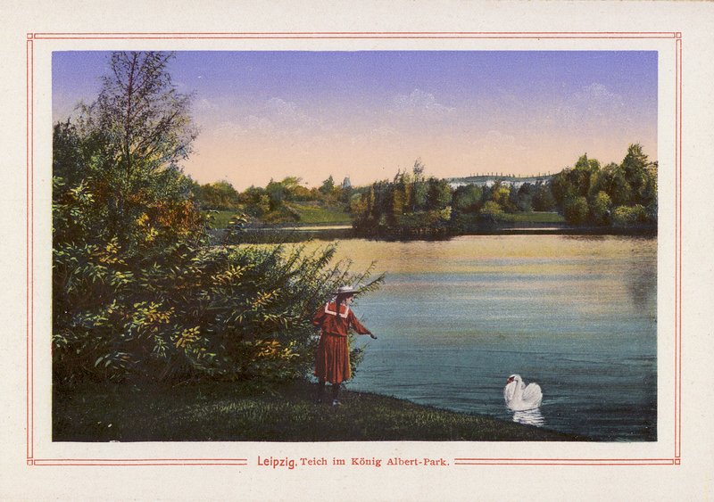 Leipzig, lago no parque King Albert (litografia a cores) de German School