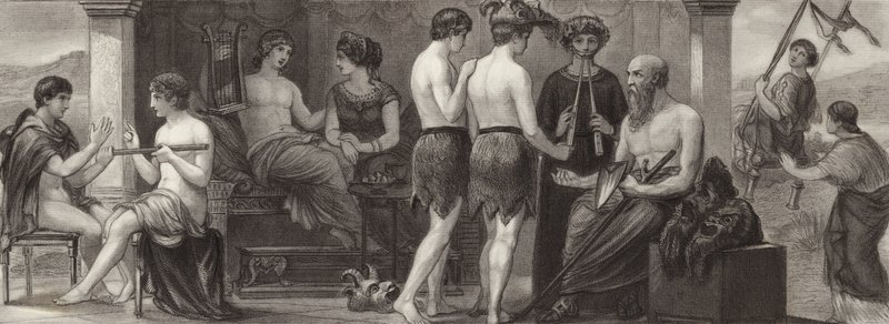 A vida e as artes na Grécia Antiga. Ilustração para Bilder-Atlas (gravura) de German School