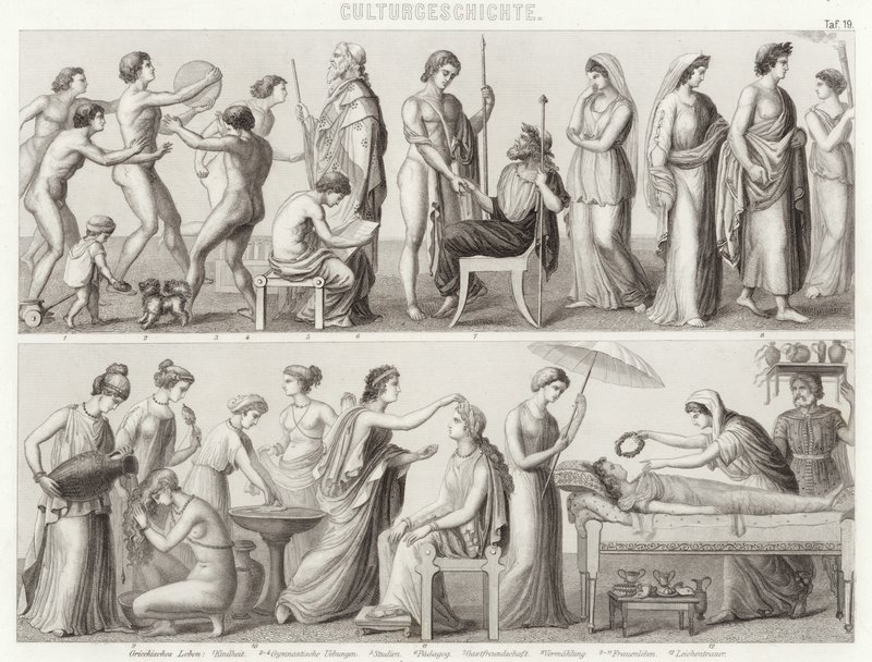 A vida na Grécia Antiga. Ilustração para Bilder-Atlas (gravura) de German School