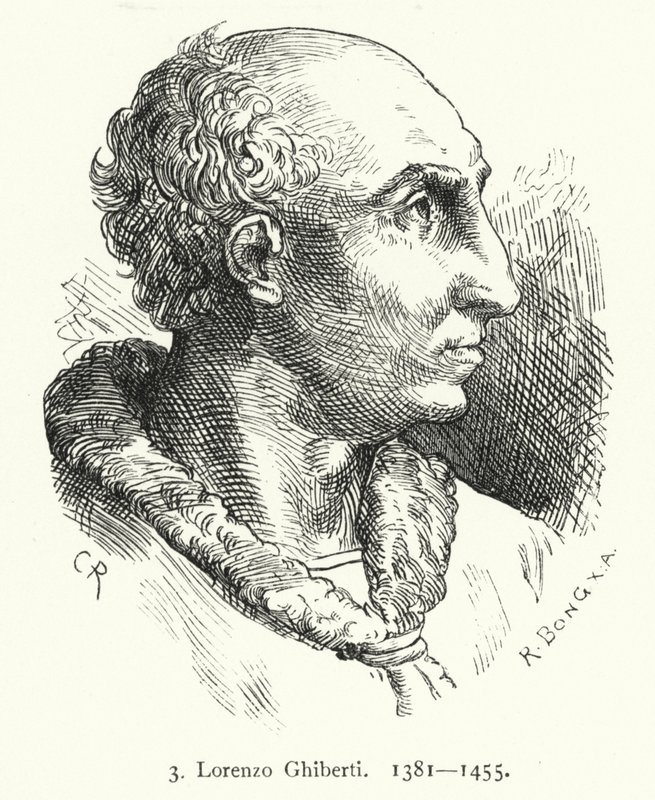 Lorenzo Ghiberti, artista florentino do início da Renascença que desenhou as portas de bronze do Baptistério de Florença (gravura) de German School